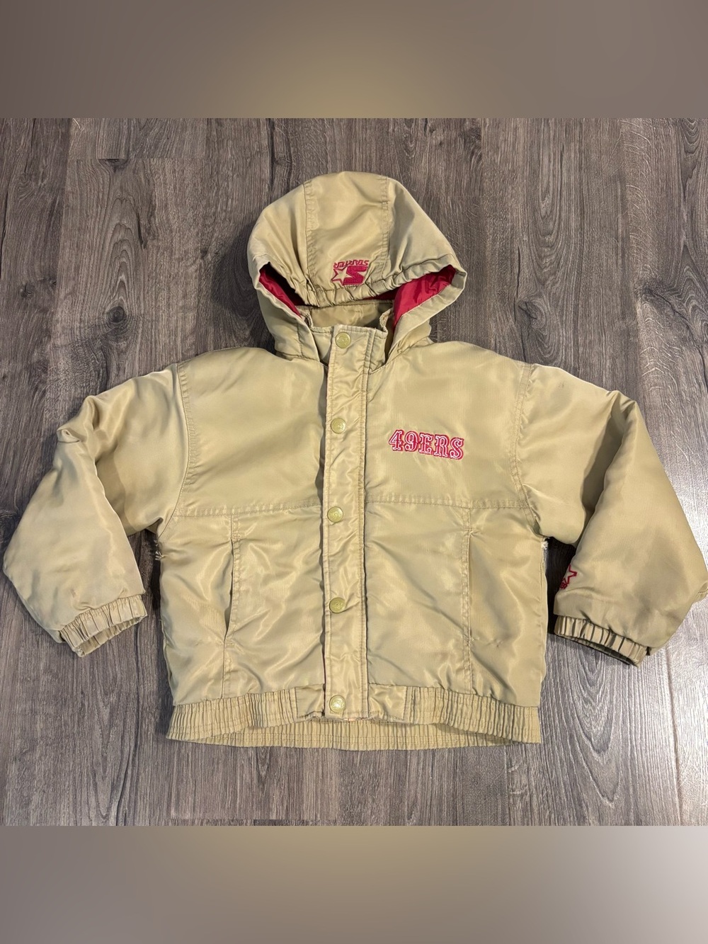 Rare Retro STARTER 1980-90s NFL San Francisco 49ers Hooded Gold Jacket Kids SmL